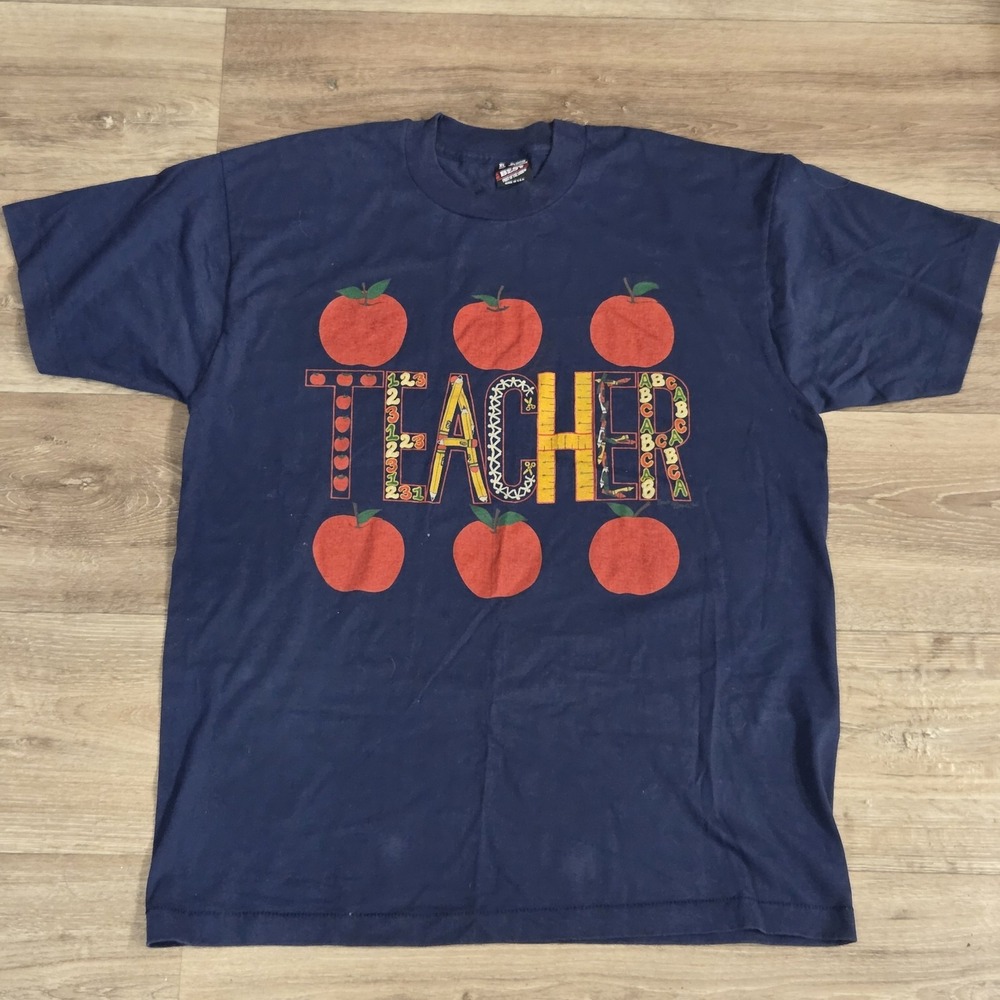 Vintage School Teacher Navy Blue Apples Adult XL Fruit of the Loom BEST Single